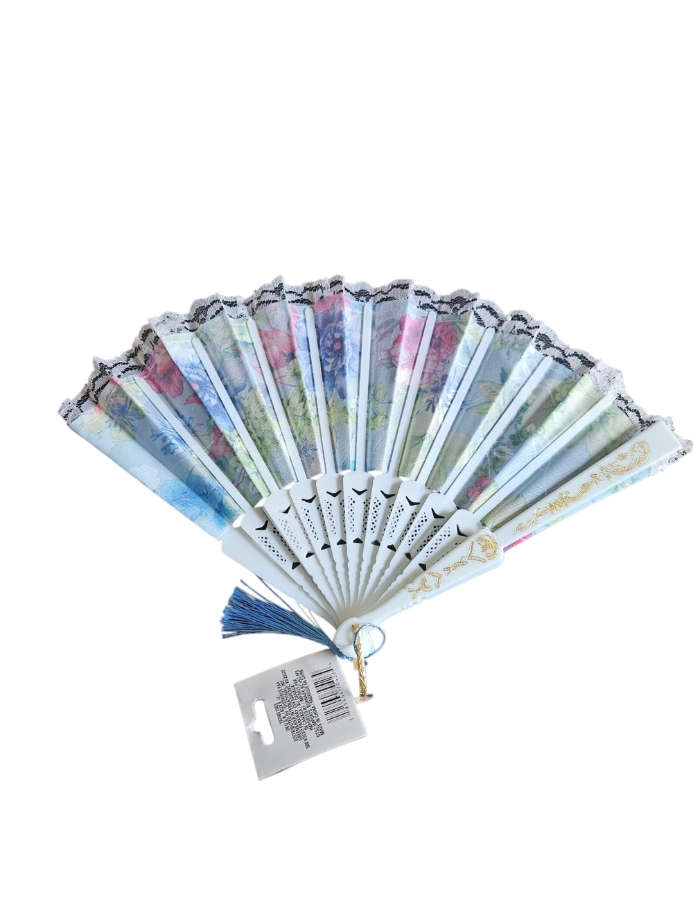 Floral Lace Folding Hand Fan in Light Blue & Gold - Picture 2 of 3
